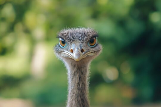 An ostrich standing in a natural setting, staring directly with captivating eyes.