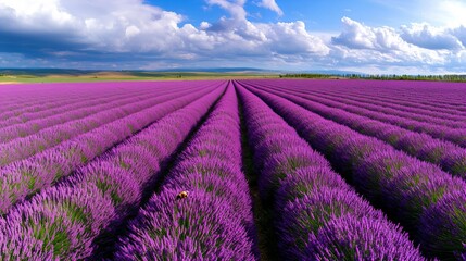 Fototapeta premium A stunning view of a lavender field with rows of purple flowers stretching into the distance under a bright blue sky.