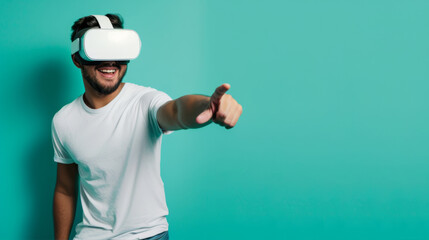 Man wearing virtual reality glasses on green background
