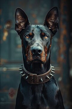 a beautiful doberman in a dark city environment with a spike collar and angry looking