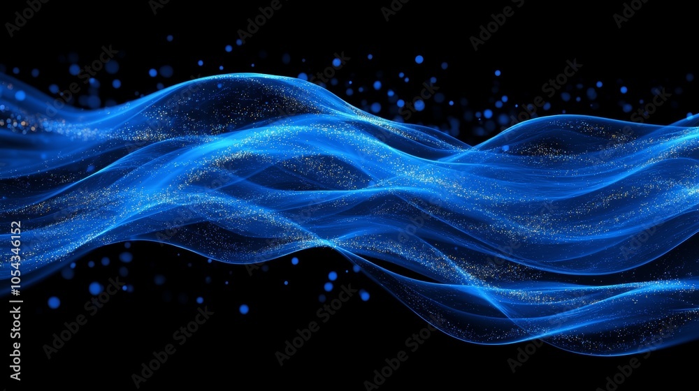 Poster abstract blue waves with sparkling particles on black background. futuristic design concept