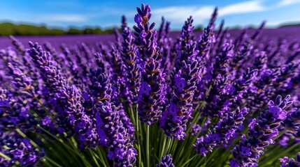 Obraz premium Close-up of a field of purple lavender flowers blooming in the summer sun.