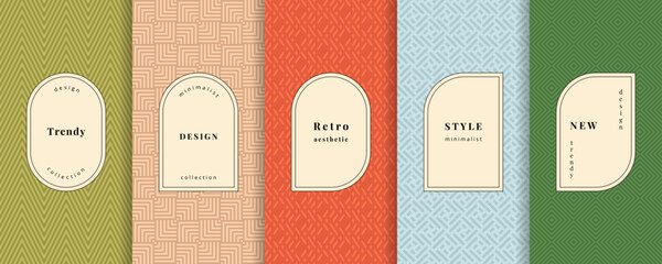 Colorful vector seamless patterns collection. Set of cute backgrounds with modern minimal labels. Abstract geometric floral textures. Spring summer decor. Simple cute pattern design for babies, kids