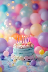 Colorful birthday cake with candles surrounded by balloons at a celebration