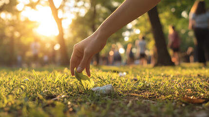 Hand Picking Up Litter in a Park on a Sunny Day