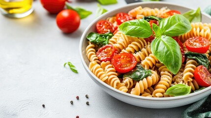 Delicious Italian pasta bowl with fresh tomatoes and basil on a rustic table. Perfect for culinary inspiration and food photography.