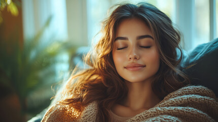 A relaxed woman enjoying tranquility indoors while surrounded by natural light and greenery during a cozy afternoon