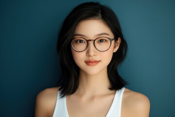 Fototapeta premium Young woman with glasses smiles against a blue background in the afternoon