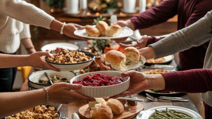 Fototapeta premium Traditional Family-Style Serving with Thanksgiving Feast - Shared Dishes, Cozy Dining Atmosphere