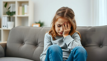Anxious teen girl crying on couch at the therapist office isolated with white highlights, png