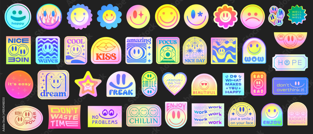 Aufkleber cool holographic y2k stickers vector set. gradient smile badges. pop art futuristic patches.