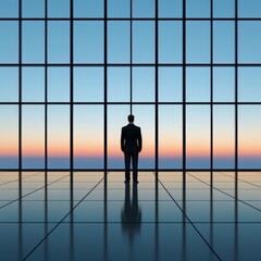 A businessman gazes out at a sunset through a large glass window.