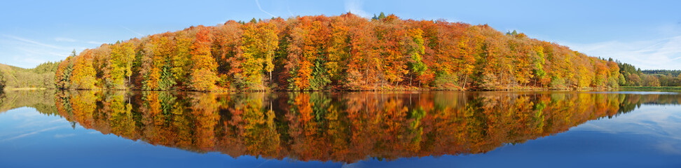 Fototapeta premium Fall panoramic forest in the lake with reflection.