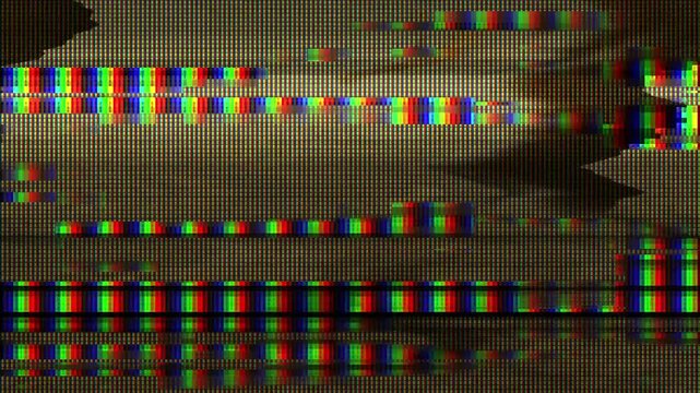 Analog television footage multicolor glitchy background, video art backdrop pattern with signal noise and tech malfunction in 4K