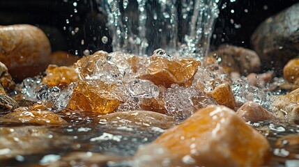 Close-up of water splashing over smooth, colorful stones in a natural setting.