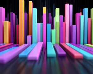 Obraz premium Stylized data display with 3D chart elements, colorful segments and vertical bars, corporate data concept