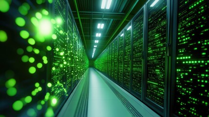 Futuristic data center with glowing green lights and high-tech server racks, showcasing advanced technology and digital innovation.