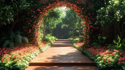 A Sunlit Pathway Through a Lush Garden with a Floral Archway
