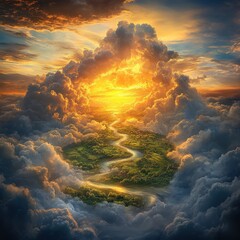 A breathtaking landscape featuring a winding path through lush greenery beneath a vibrant sunset framed by dramatic clouds.