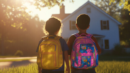 Back to School  Children with Backpacks Walking Towards Home