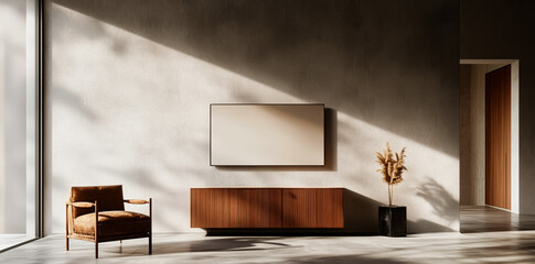 Stylish living room featuring a blank TV mockup, elegant wooden cabinet, and cozy armchair. Sunlight filters through, casting natural shadows for a warm ambiance