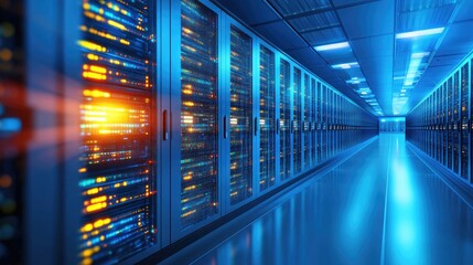 Obraz premium Modern data center with rows of servers illuminated by blue light, showcasing advanced technology in a sleek environment.