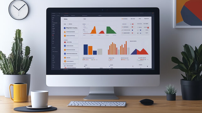 Minimalist SEO layout with icons for analytics, keywords, and ranking metrics.