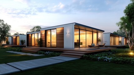 Naklejka premium Modern house design featuring large glass windows and wooden accents, surrounded by a landscaped yard during twilight.