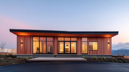 Fototapeta premium Modern house with large windows and wooden exterior, featuring ambient lighting and a landscaped entrance at twilight.