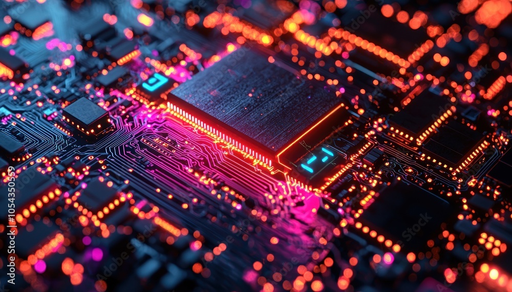 Aufkleber close-up of illuminated circuit board with integrated circuit
