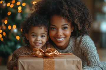 Happy African American mother and daughter with Christmas gift