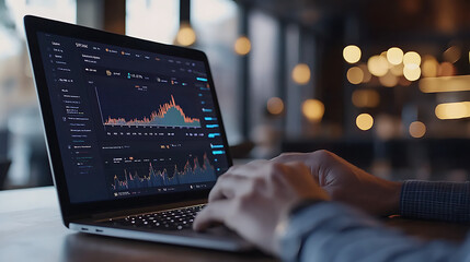 A person is typing on a laptop computer with a screen displaying a graph