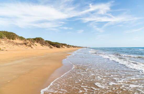 The sandy beach and dunes of Santa Maria del Focallo, on the shore of Mediterranean sea, municipality of Ispica, province of Ragusa, Sicily