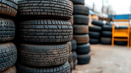 Used tires are neatly stacked for sale at a car workshop, showcasing a variety of tread patterns and conditions in an urban setting