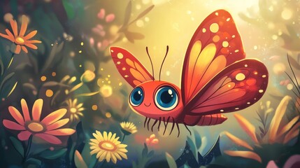 A cute cartoon butterfly with big eyes flies in a field of colorful flowers with a sunny background.
