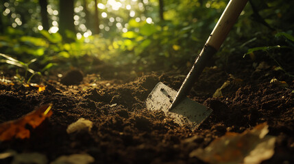 Gardening Tools in Soil  Shovel in Forest  Sunlit Ground  Closeup
