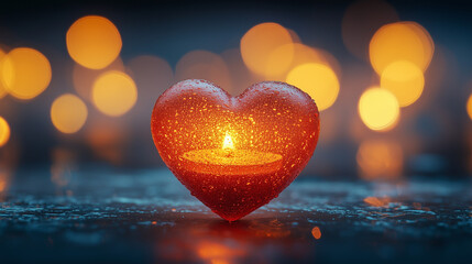 Red heart-shaped candle holder with warm glow against blurred bokeh background