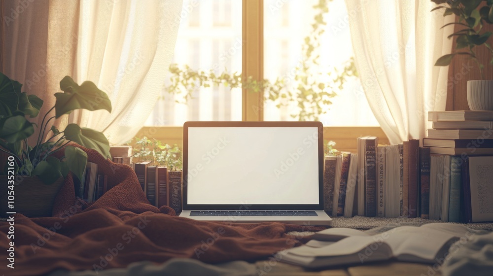 Aufkleber a laptop sits on a wooden table surrounded by open books and a cozy blanket. sunlight filters throug
