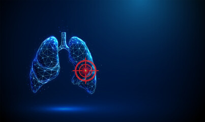 Abstract blue human lungs with red circle inside. Lungs anatomy. Lung disease, diagnosis, treatment, healthcare medical concept. Low poly.