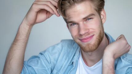 Obraz premium Portrait of a handsome guy in a blue shirt 