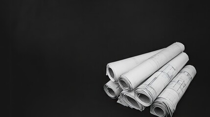 Architectural blueprints and drawings in a striking black-and-white flat-lay composition for creative design inspiration