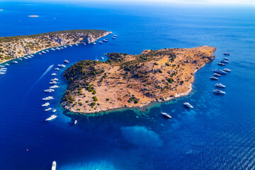 Turkbuku Bay of Bodrum. Mugla, Turkey. Aerial panoramic view of Turkbuku (Golturkbuku). Big Island. Drone shot.