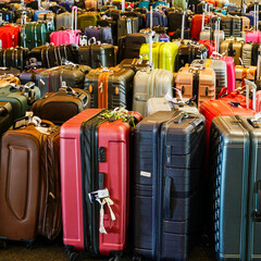 Many different sizes and colors variegated rolling travel suitcases in the airport baggage terminal