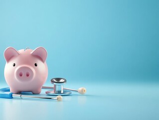 A pink piggy bank beside a stethoscope and medical tools on a blue background, symbolizing the intersection of finance and healthcare.