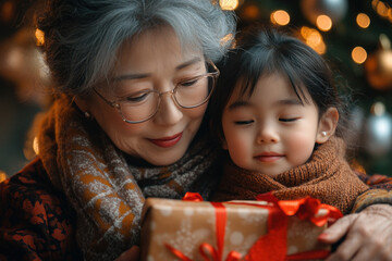 Asian grandmother and granddaughter sharing Christmas gift joyfully