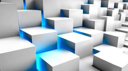 Obraz premium Abstract geometric arrangement of white blocks with blue lighting creating a modern digital appearance in a computer-generated setting