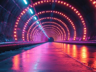 Futuristic Tunnel with Neon Lights and Wet Concrete Floor