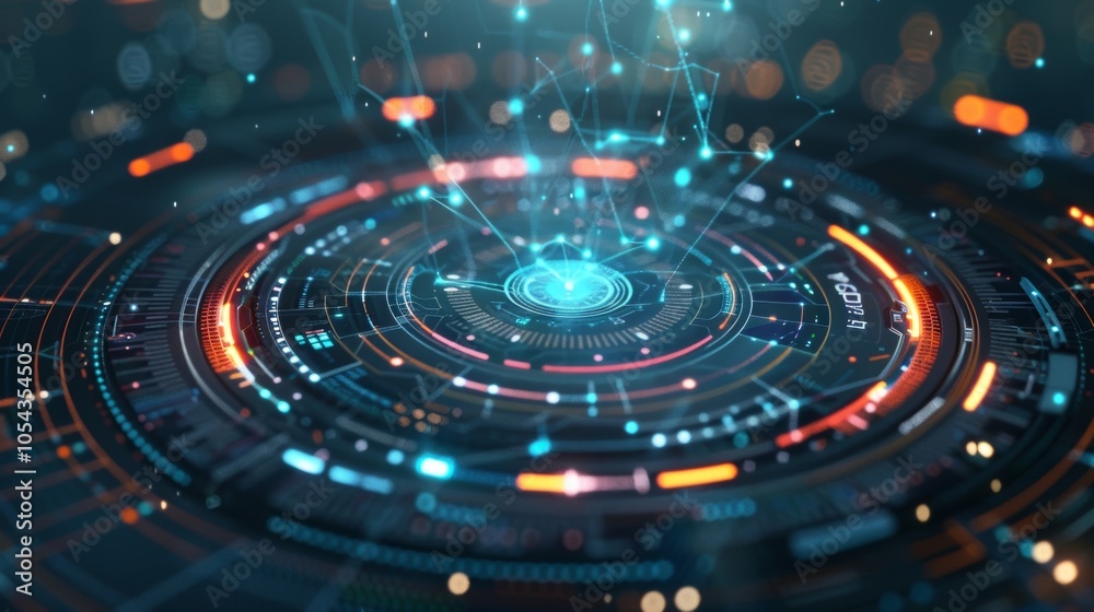 Poster futuristic hud interface with glowing lines and circles, showcasing complex data analysis and visual