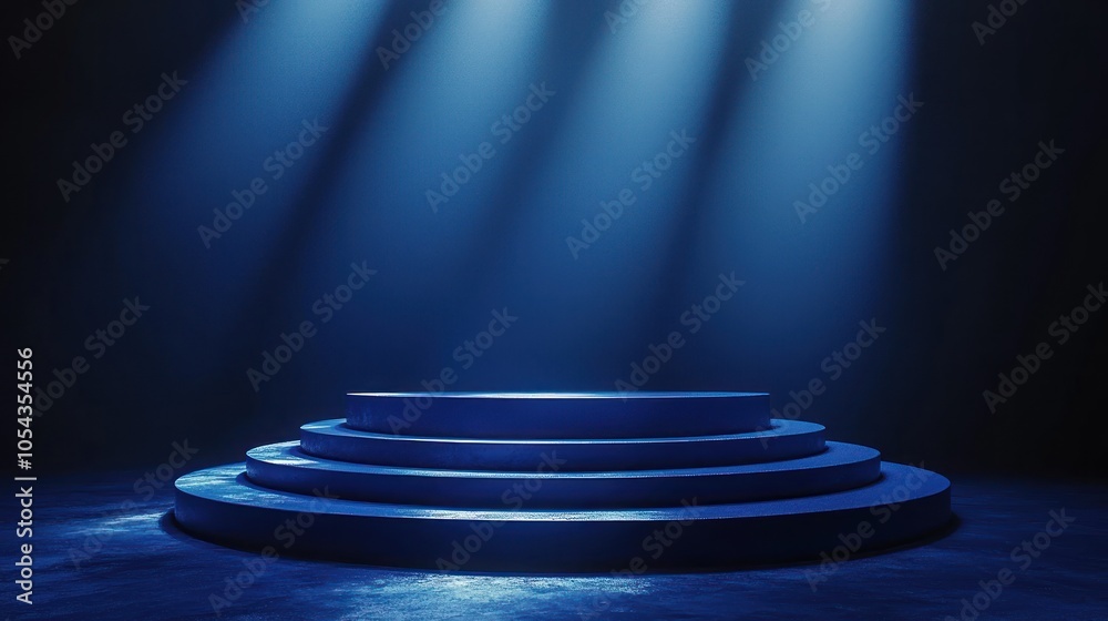 Poster blue circular platform with light rays in a dark room