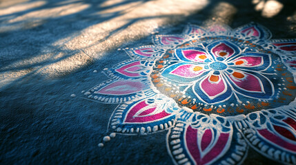 Fototapeta premium Pongal Kolam Art on Concrete Floor with Intricate Patterns